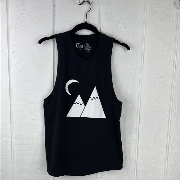 Zyia Active Women’s Size Medium Black Tank Top w/White Moon and Mountain Graphic - Picture 2 of 9